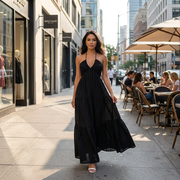 Veronica Halter Bow Tie Back Maxi Dress