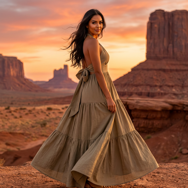 Veronica Halter Bow Tie Back Maxi Dress