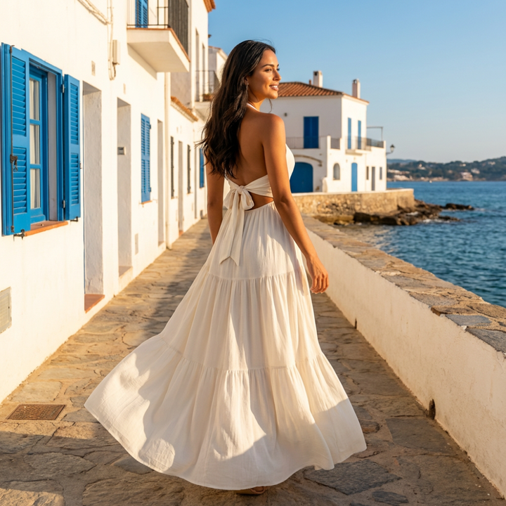 Veronica Halter Bow Tie Back Maxi Dress
